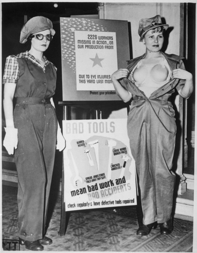 Safety garb for women workers. The uniform at the left, complete with the plastic "bra" on the right, will prevent future occupational accidents among feminine war workers. Los Angeles, California. Acme, ca. 1943