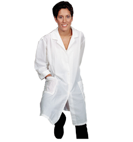 Esthetician wearing a white lab coat, just like a doctor. 